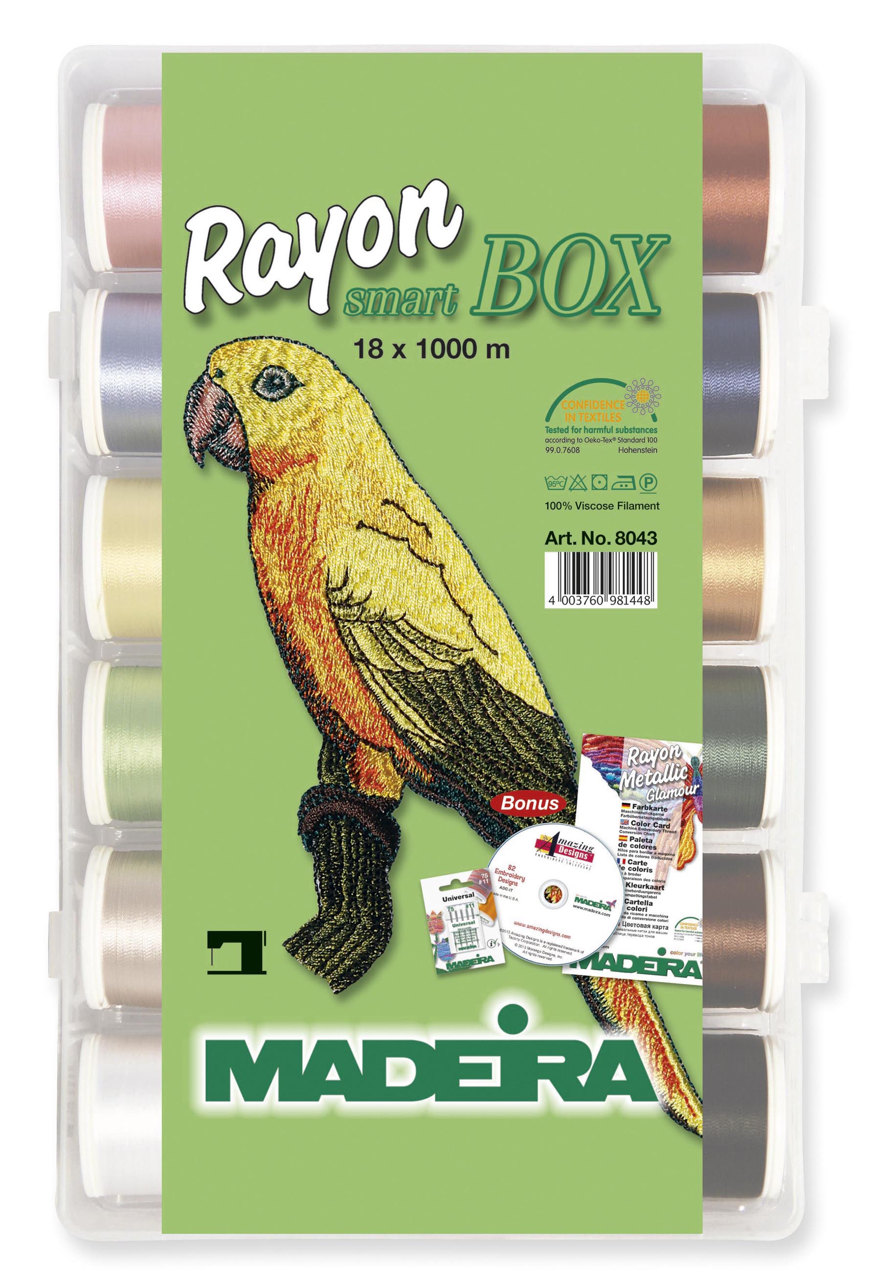 93cdb08b0d2b3c0ad18014a7d676c29758a2386b18481 Madeira Stickbox Rayon - 18 Rollen à 1000 m Maschinenstickgarn