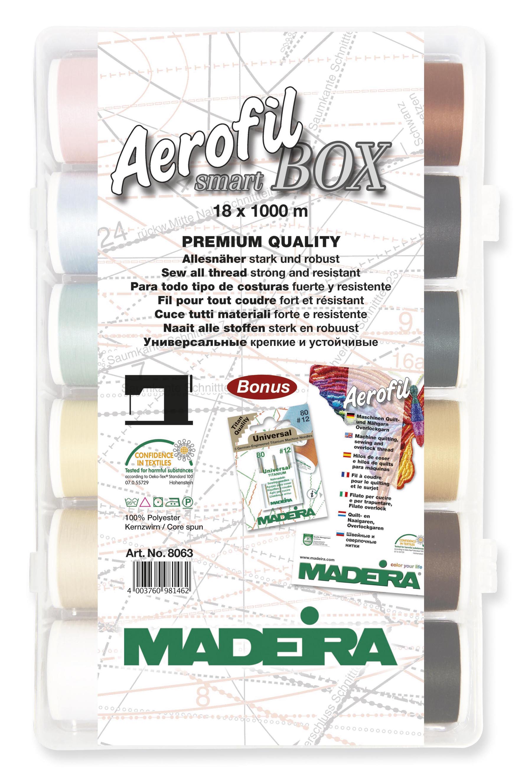 a6d45cccb7a8f63d898830598290bf1858a238683883b Madeira Nähgarnbox Aerofil Allesnäher - 18 Rollen à 1000 m