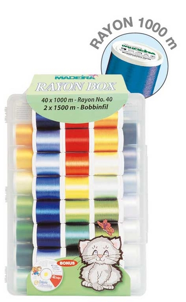 4145c110c3ac9bc548f15e05e3c6554858a23683c035b Madeira Rayon Box No. 40 - 40 Rollen à 1000 m Maschinenstickgarn